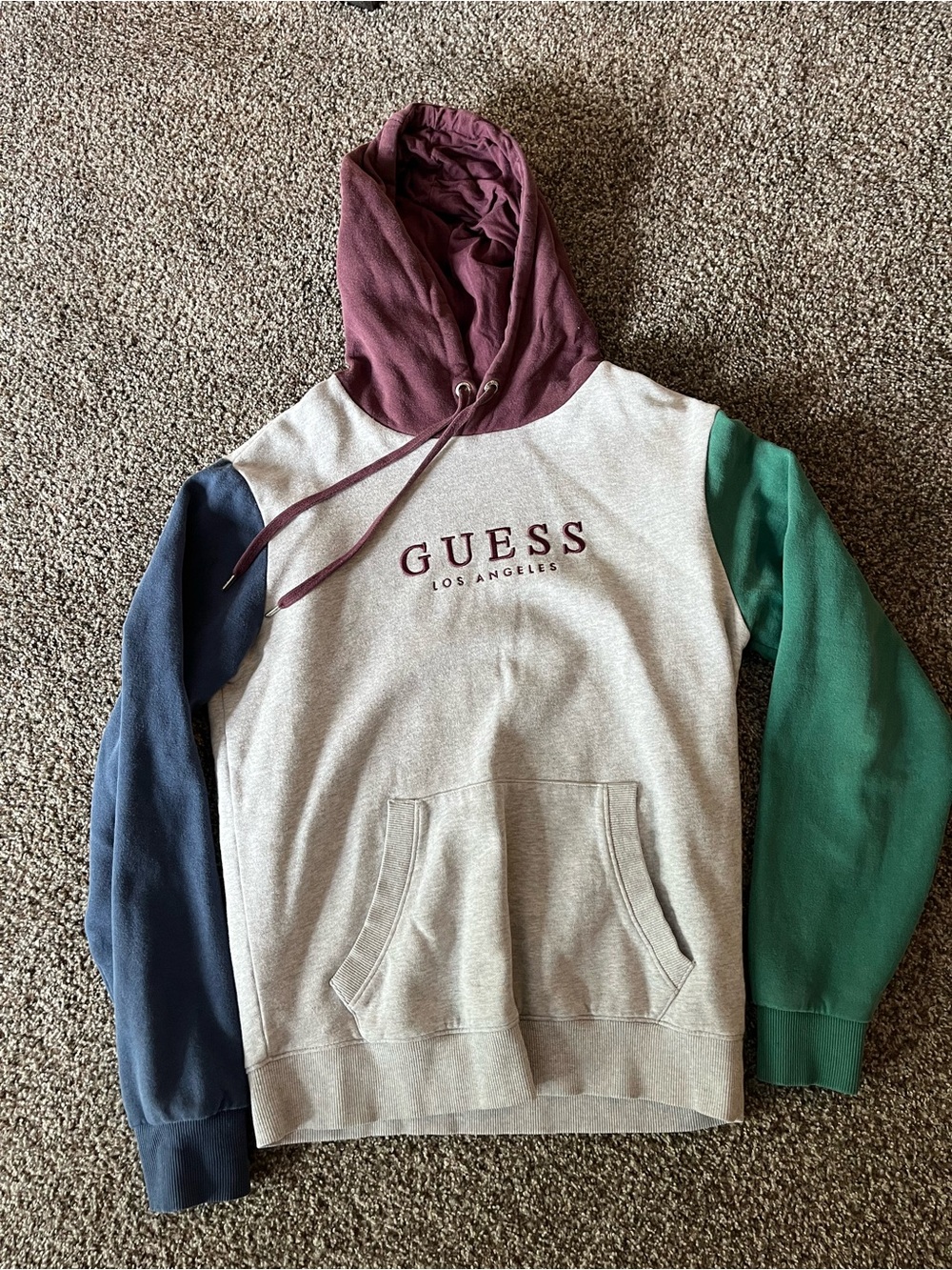 GUESS Colorblock Hoodie in Cream with Burgundy, Navy & Green